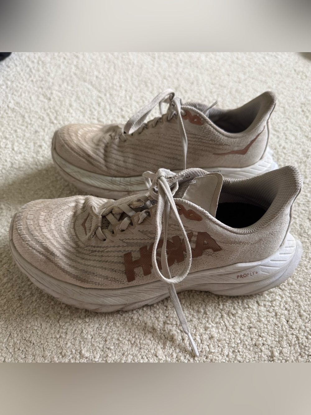 Hoka Beige Lace-Up Running Shoes with Brown Logo